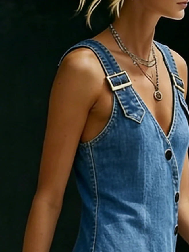 Bianca - Pitkä Vintage-denimmekko napeilla