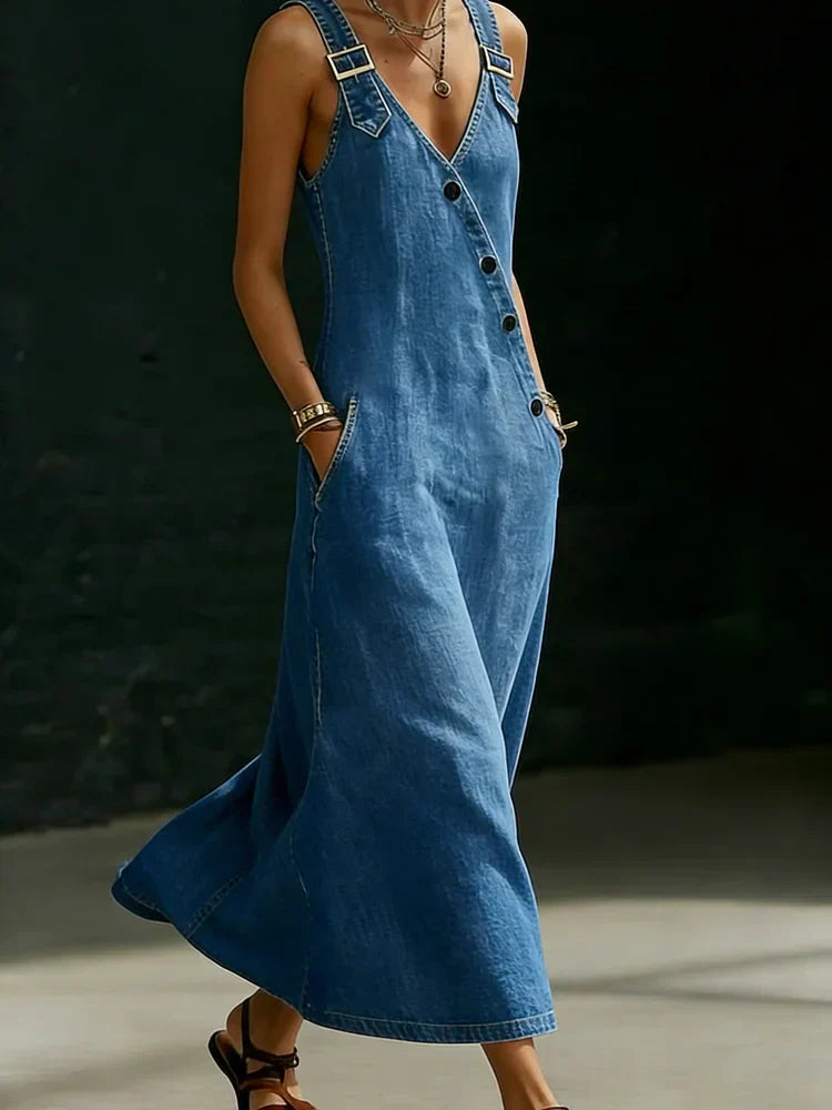 Bianca - Pitkä Vintage-denimmekko napeilla